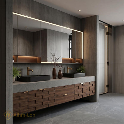 72''-96'' Double Bathroom Vanity with Sink Charcoal Walnut Modern Floating Stone-Top
