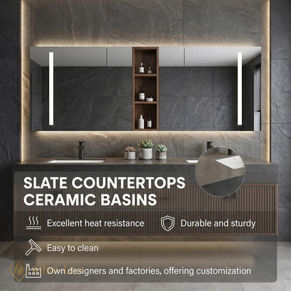60''-96'' Double Bathroom Vanity with Sink Floating Dark Walnut Slats Open Center