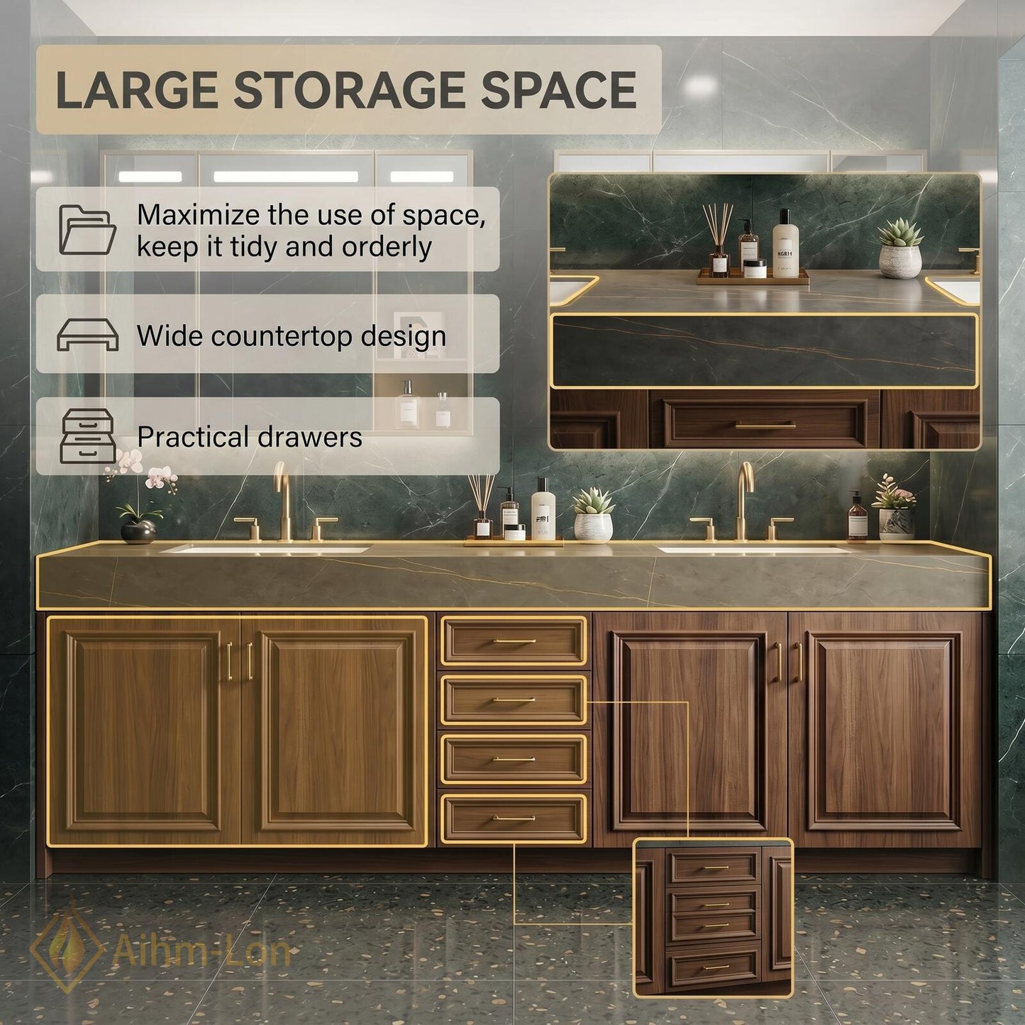 72''-96'' Double Bathroom Vanity with Sink Brown Panel Doors Refined Rich Finish