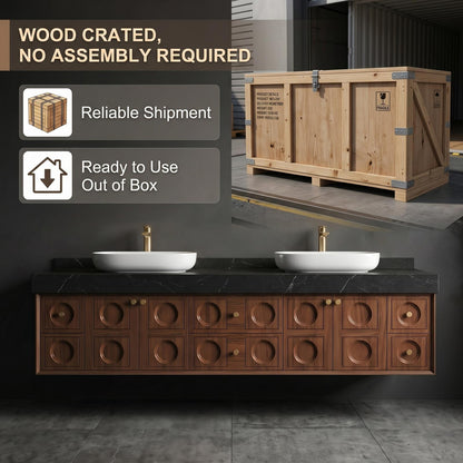 60''-96'' Modern Floating Bathroom Vanity with Sink Dark Stone Top Generous Storage