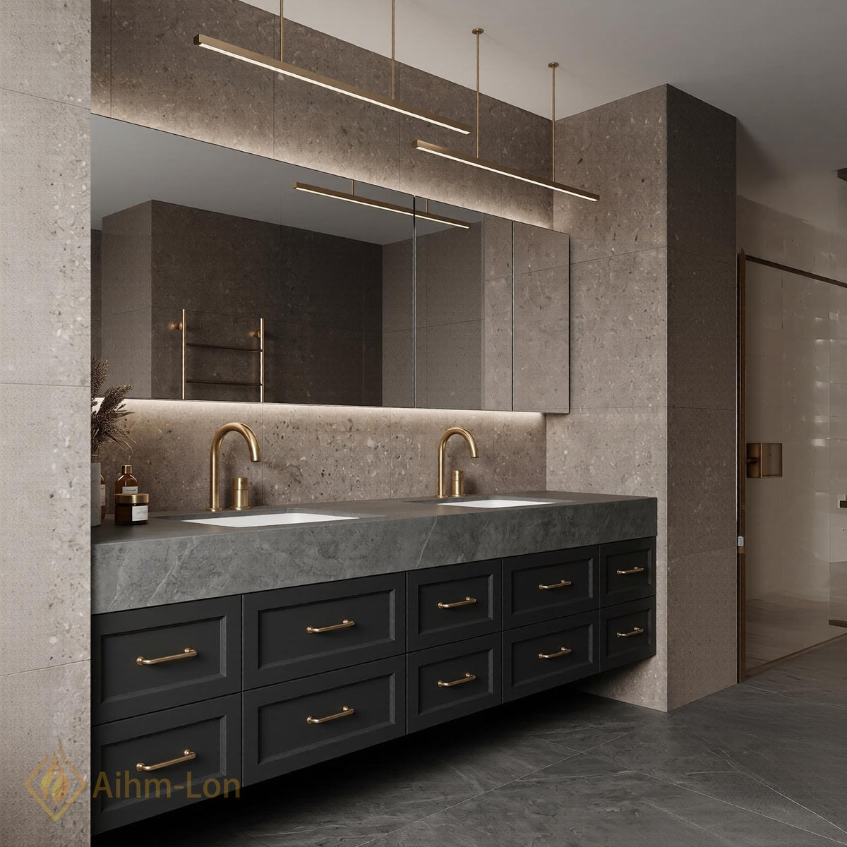 60''-96'' Double Bathroom Vanity with Sink Matte Charcoal Finish Stone Top