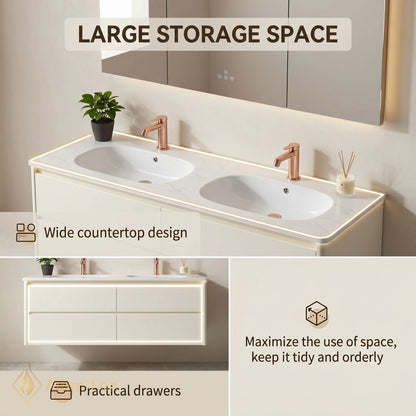 60''-96'' Modern Bathroom Vanity with Sink Floating Matte White Anti-Fog Mirror Drawers