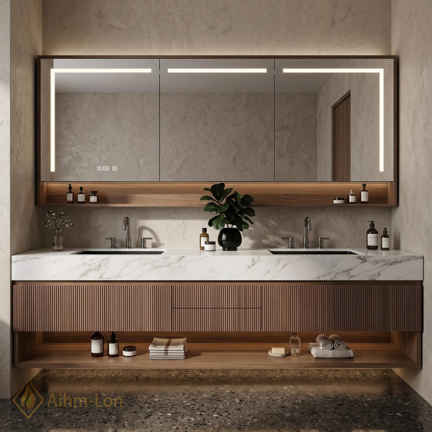 60''-96'' Modern Bathroom Vanity with Sink Double Dark Walnut Slatted Center Panel