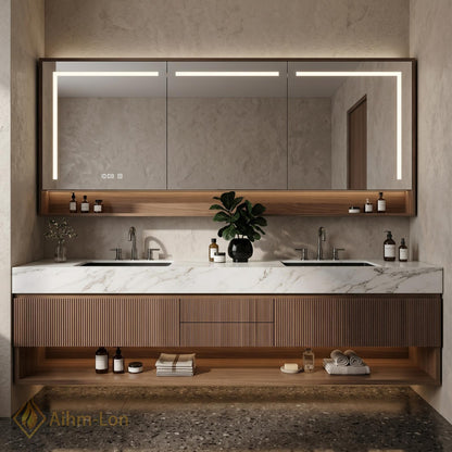 60''-96'' Modern Bathroom Vanity with Sink Double Dark Walnut Slatted Center Panel