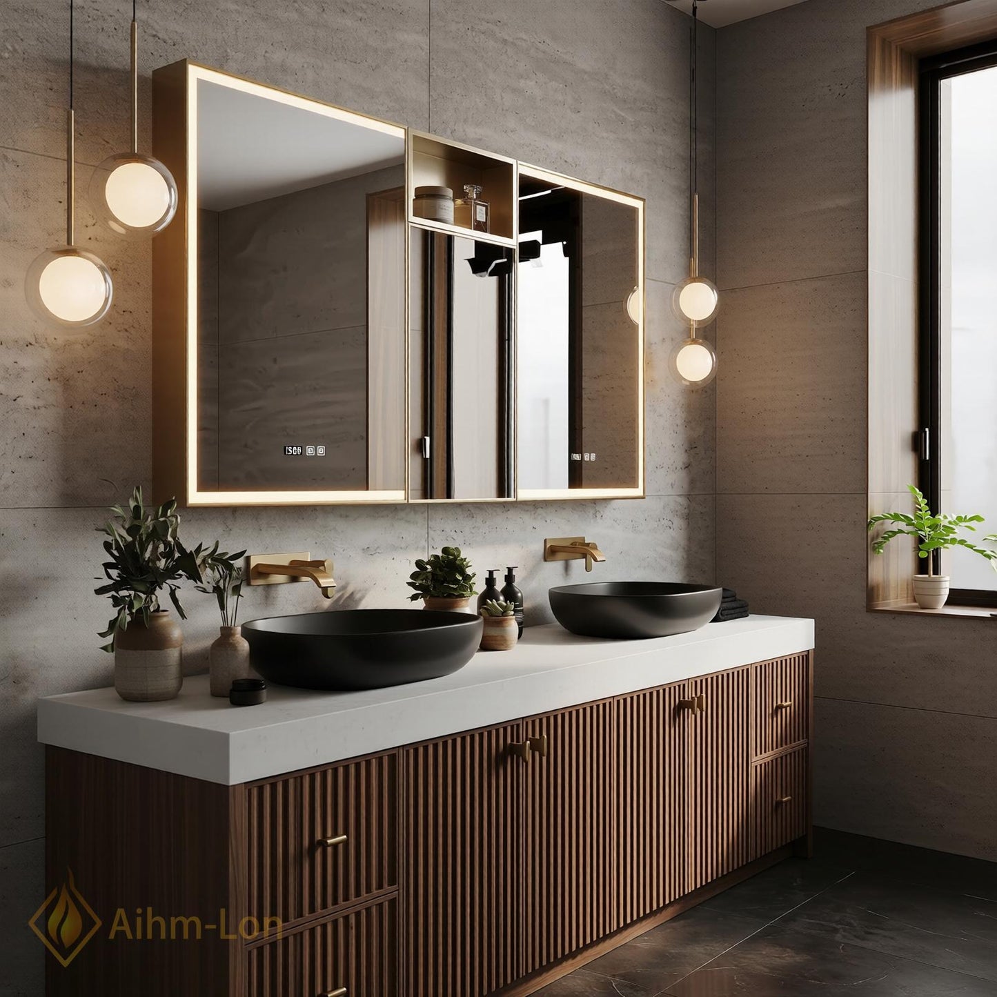 70''-96'' Double Bathroom Vanity with Sink Vertical Slatted Doors Fluted Walnut Finish