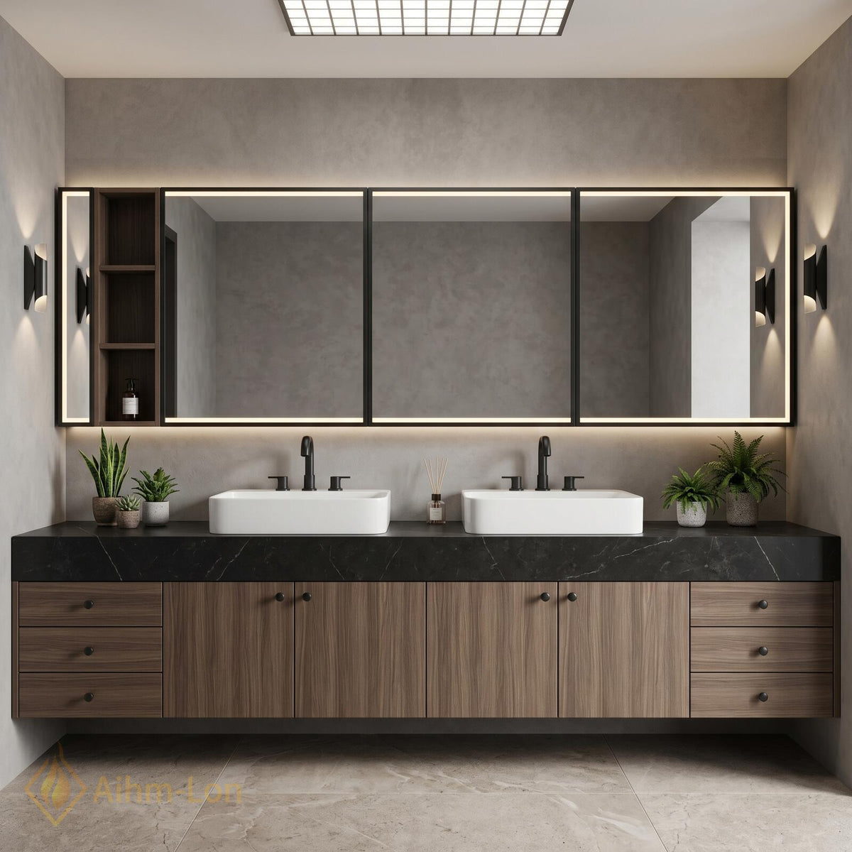 60''-96'' Double Bathroom Vanity with Sink Floating Dark Stone Top Wood Cabinet