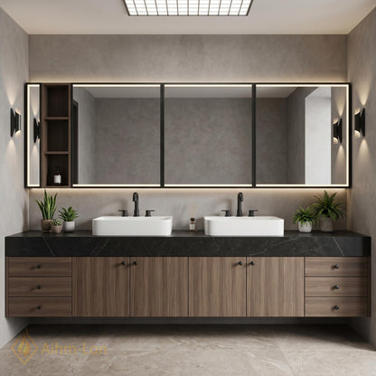 60''-96'' Double Bathroom Vanity with Sink Floating Dark Stone Top Wood Cabinet