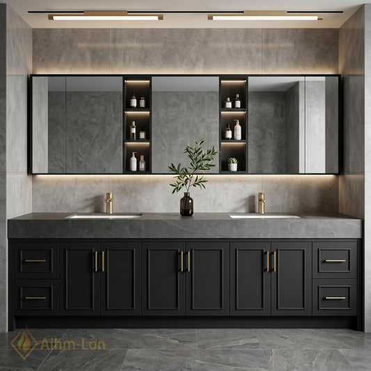 72''-96'' Double Bathroom Vanity with Sink Dark Charcoal Modern Panel Doors Mirror