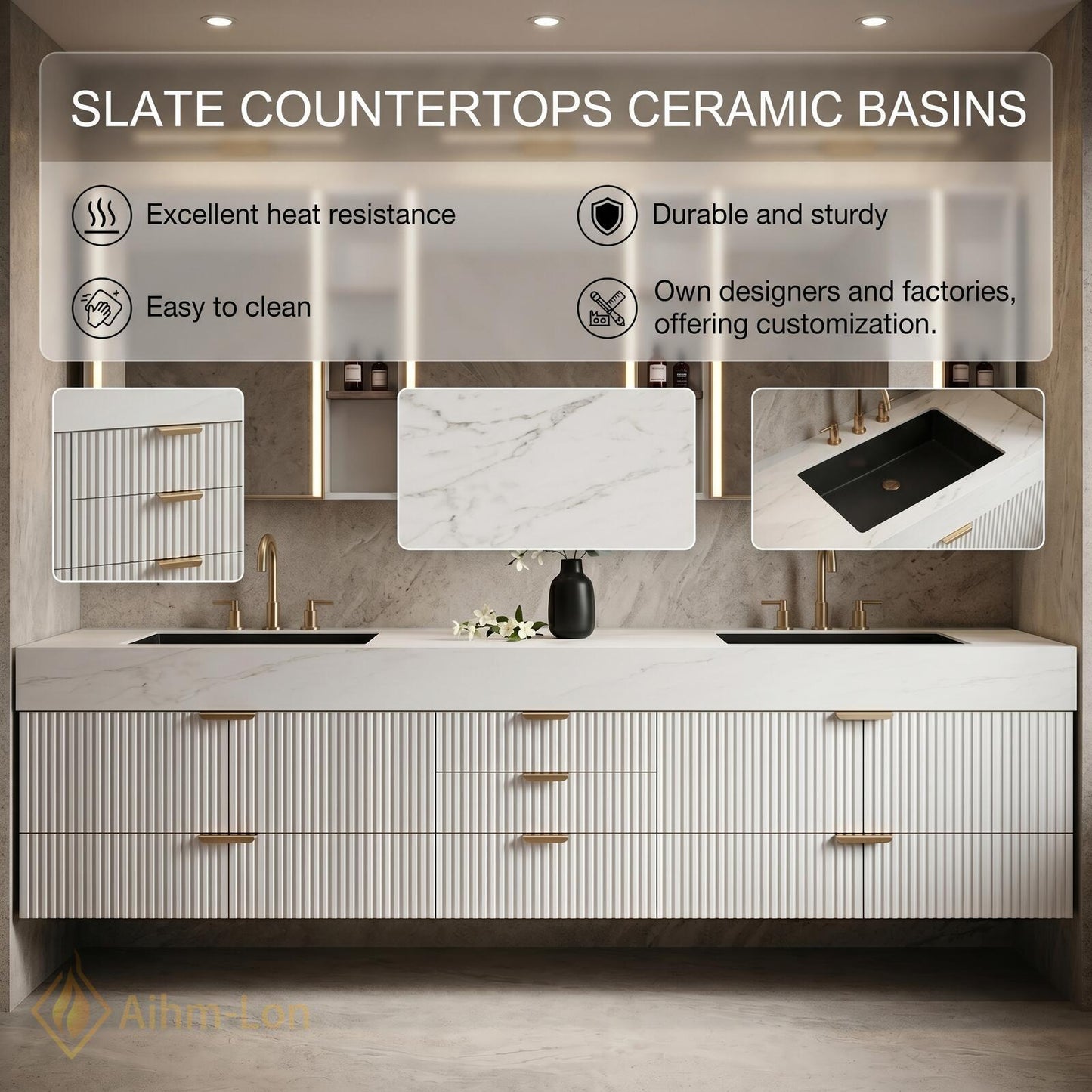 72''-96'' Double Bathroom Vanity with Sink White Modern Floating Panels Marble-Top