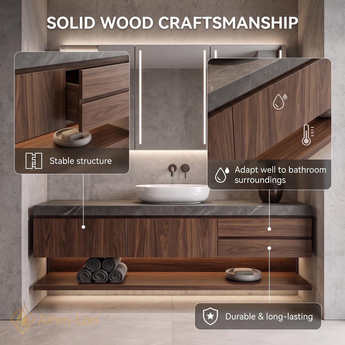 36''-110'' Floating Bathroom Vanity with Sink Sintered Stone Top Open Shelving
