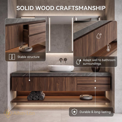 36''-110'' Floating Bathroom Vanity with Sink Sintered Stone Top Open Shelving