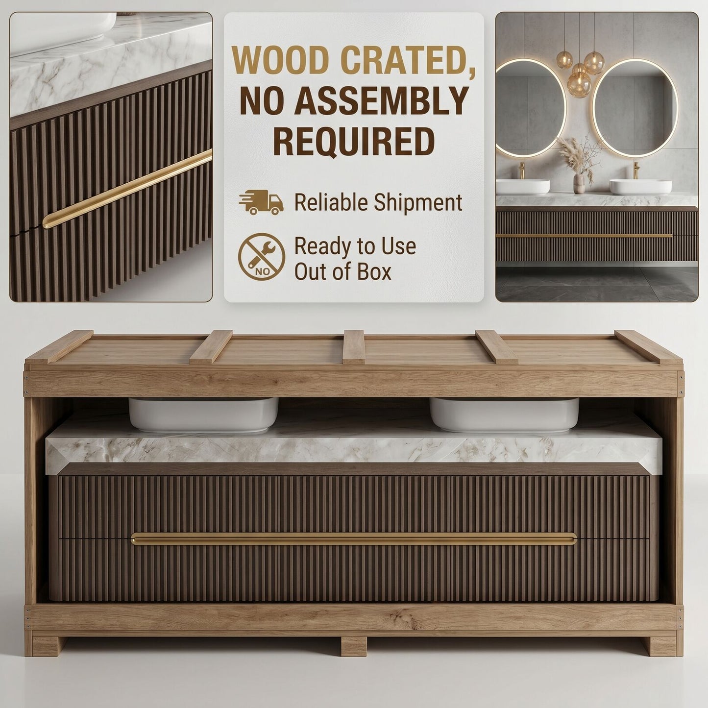 60''-96'' Double Bathroom Vanity with Sink Dark Concrete Slatted Wood Drawers Cabinet