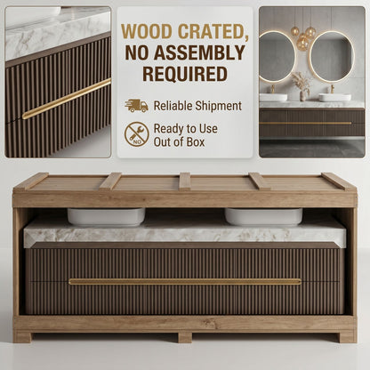 60''-96'' Double Bathroom Vanity with Sink Dark Concrete Slatted Wood Drawers Cabinet