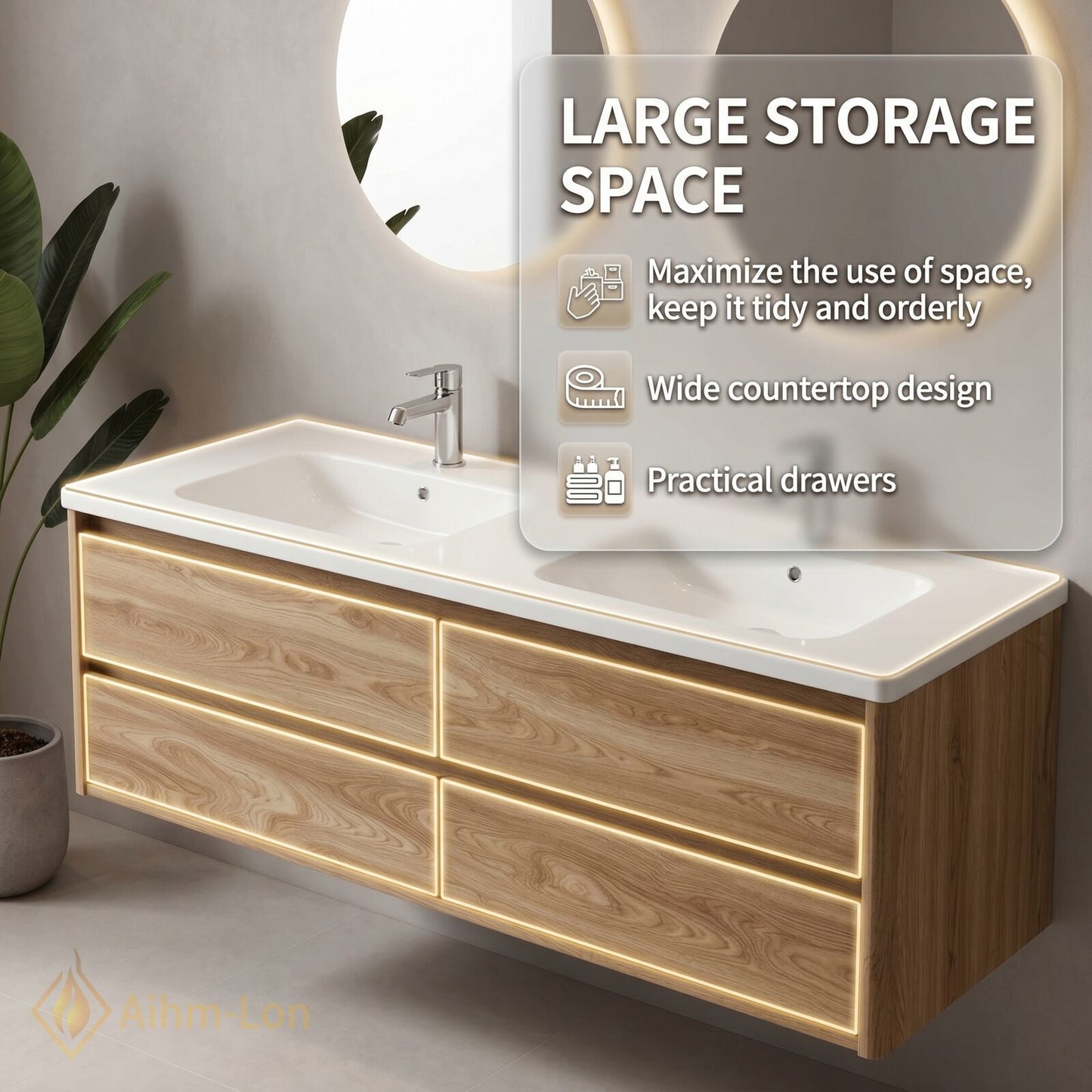 60''-96'' Modern Bathroom Vanity with Sink Floating Light Wood Undermount Deep Drawers