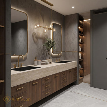 70''-96'' Double Bathroom Vanity with Sink Dark-Walnut Modern Floating Slatted Center