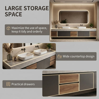 70''-96'' Modern Bathroom Vanity with Sink Double Sink Split Panels Natural Wood Finish