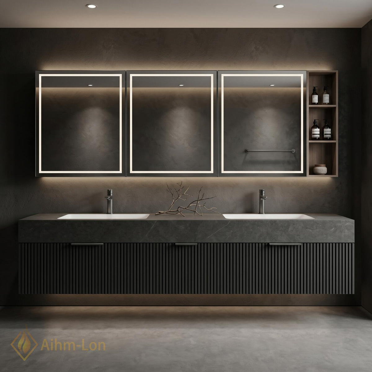 60''-96'' Double Bathroom Vanity with Sink Floating Slatted Matte Grey Stone Top