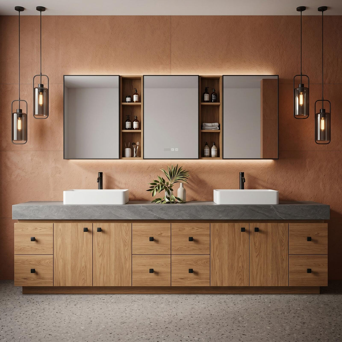 60''-96'' Double Bathroom Vanity with Sink Modern Floating Stone-Textured Wood Grain Finish