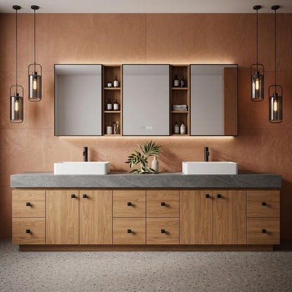 60''-96'' Double Bathroom Vanity with Sink Modern Floating Stone-Textured Wood Grain Finish