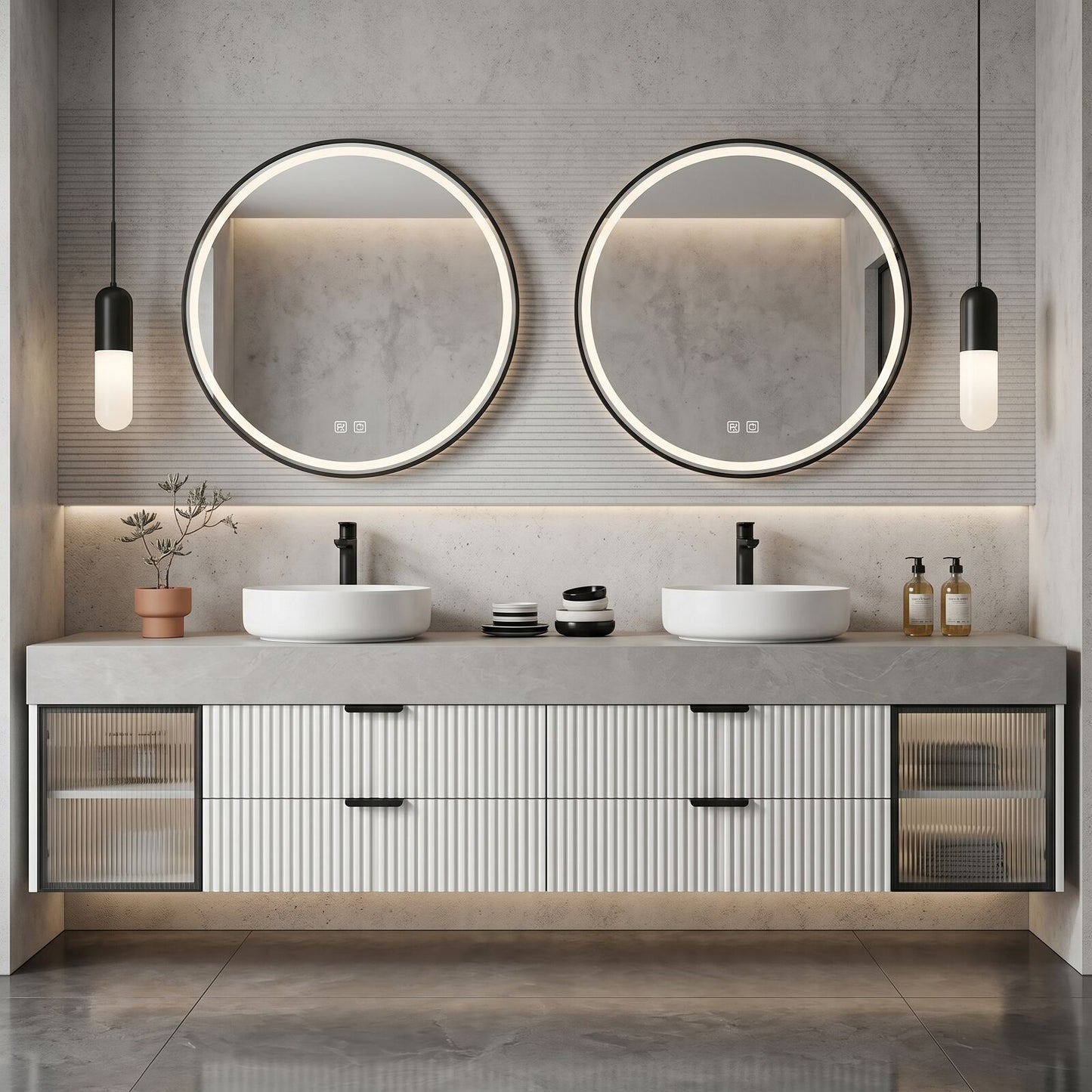 60''-96'' Modern Bathroom Vanity with Sink Double Sink Ribbed Panels Textured Stone Glass Cabinet