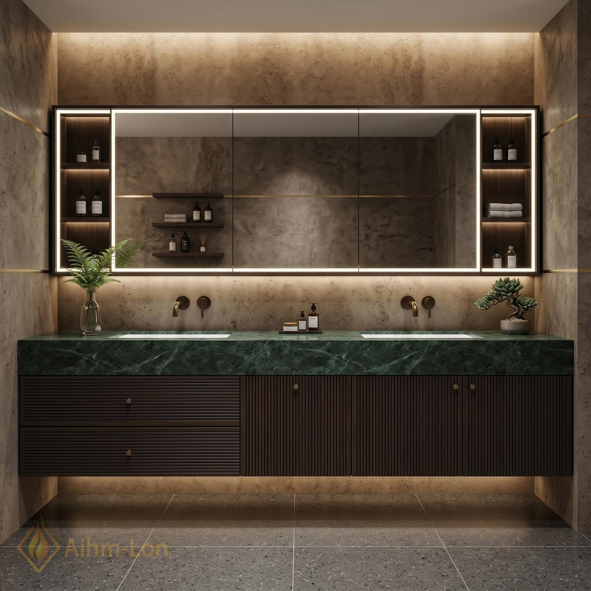 60''-96'' Double Bathroom Vanity with Sink Dark Walnut Slatted Front Dual Drawers