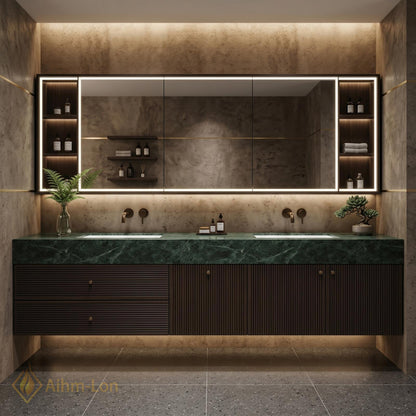 60''-96'' Double Bathroom Vanity with Sink Dark Walnut Slatted Front Dual Drawers