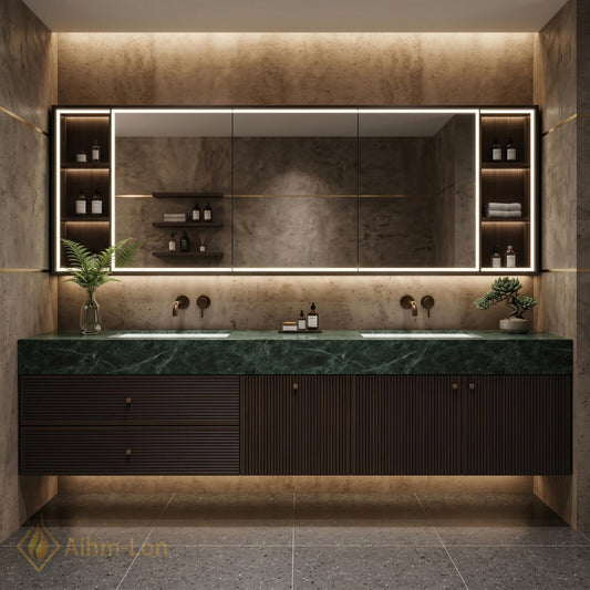 60''-96'' Double Bathroom Vanity with Sink Dark Walnut Slatted Front Dual Drawers