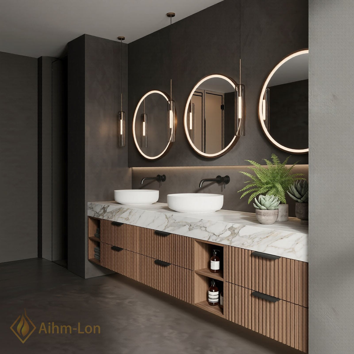 78''-96'' Double Bathroom Vanity with Sink Vertical Slatted Panels White Marble Top
