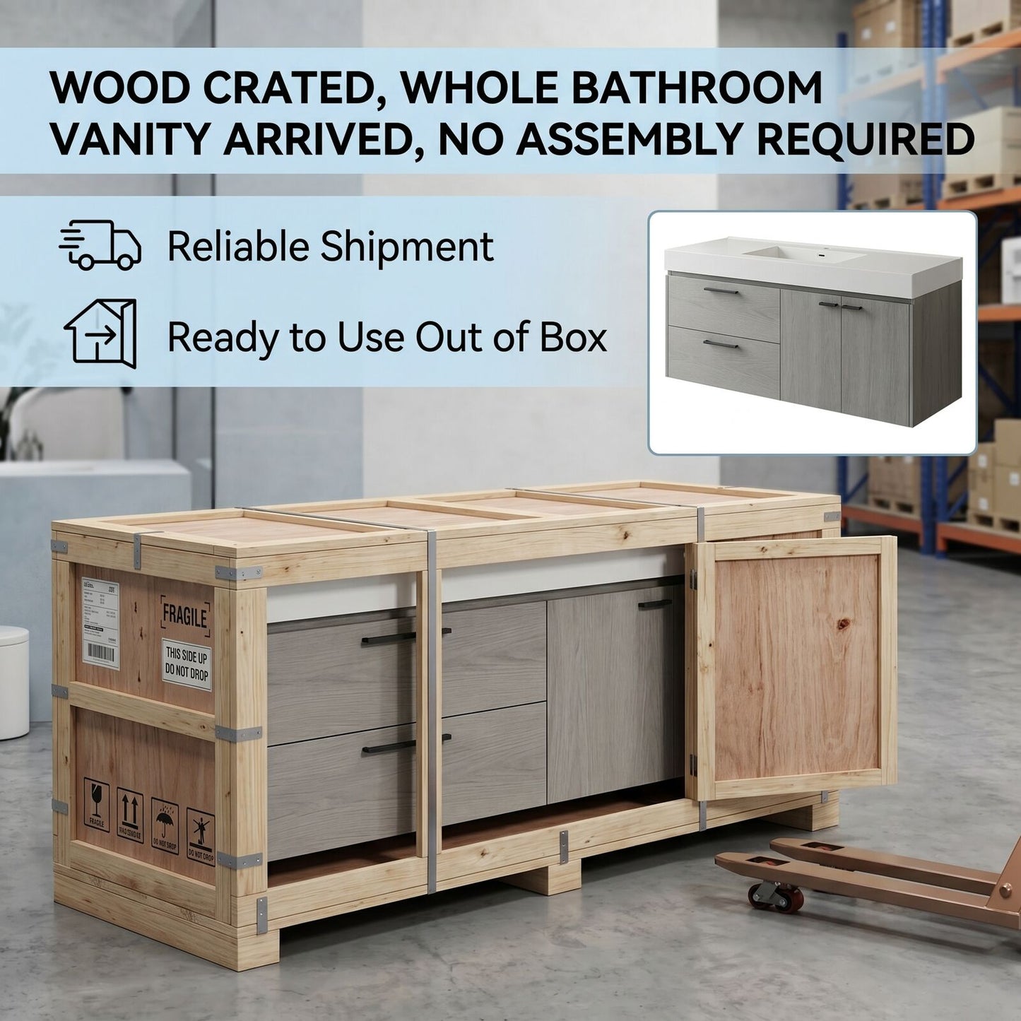 36''-64'' Modern Bathroom Vanity with Sink Single Grey Wood Grains Floating Mirror Cabinet