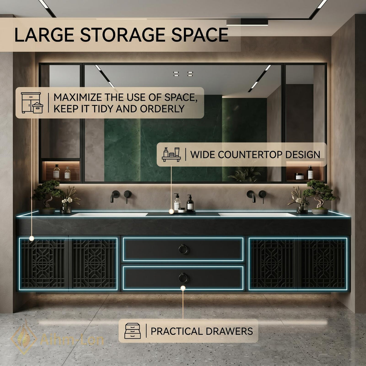 60''-96'' Double Bathroom Vanity with Sink Modern Floating Carved Lattice Doors Sleek
