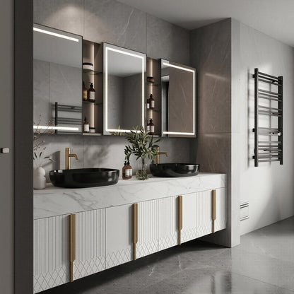 60''-96'' Double Bathroom Vanity with Sink Floating White Marble-Effect Vertical Grooves Glass