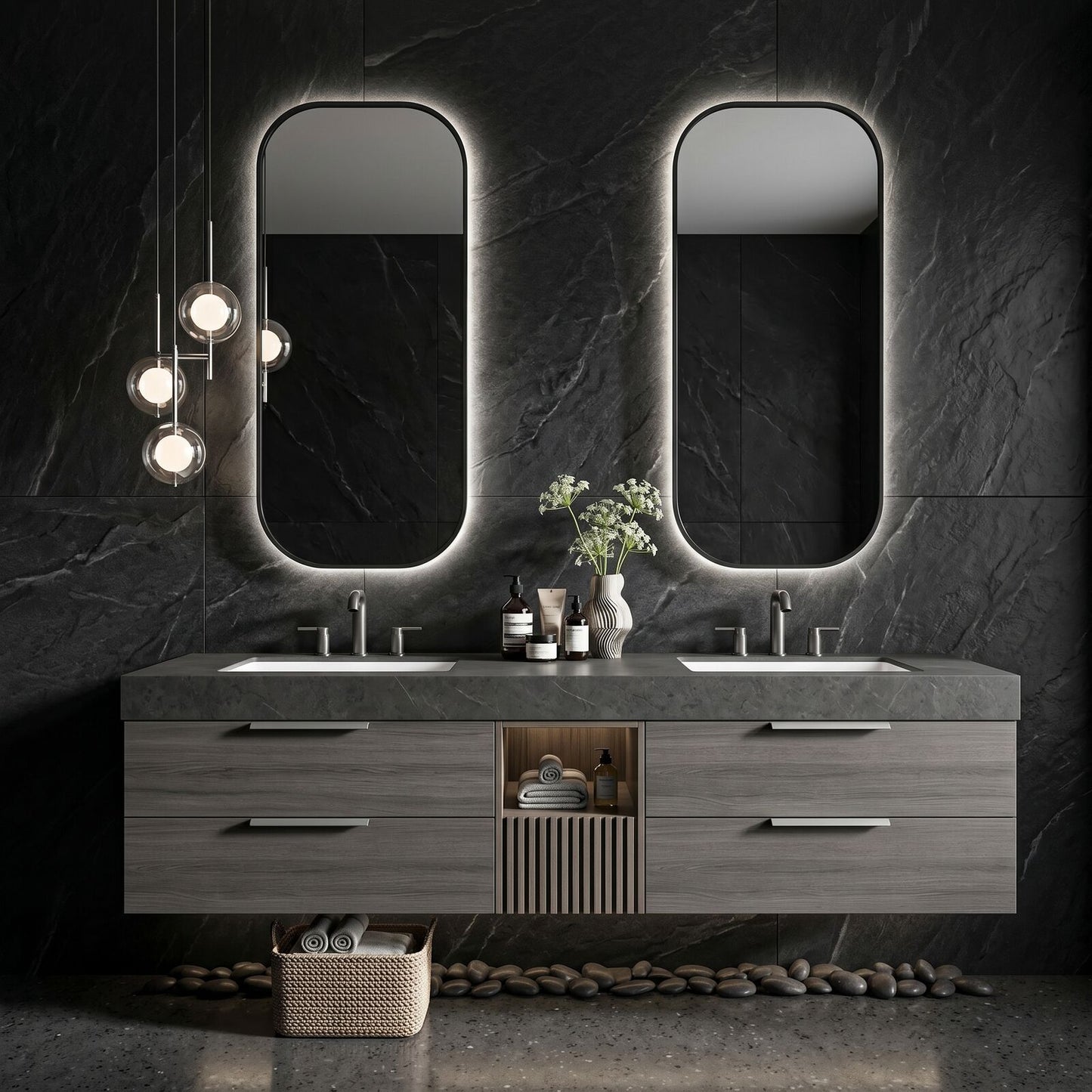 60''-96'' Sleek Bathroom Vanity with Sink Dual Sink Dark Stone Floating Wood Cabinet