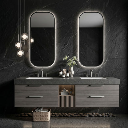 60''-96'' Sleek Bathroom Vanity with Sink Dual Sink Dark Stone Floating Wood Cabinet