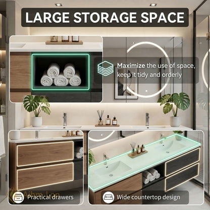 60''-96'' Floating Bathroom Vanity with Sink Double Sink Integrated Wood Texture Cabinet