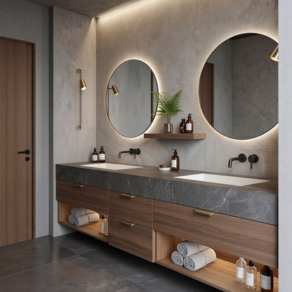 60''-96'' Modern Bathroom Vanity with Sink Double Basin Wood-Grain Dark Stone Cabinet