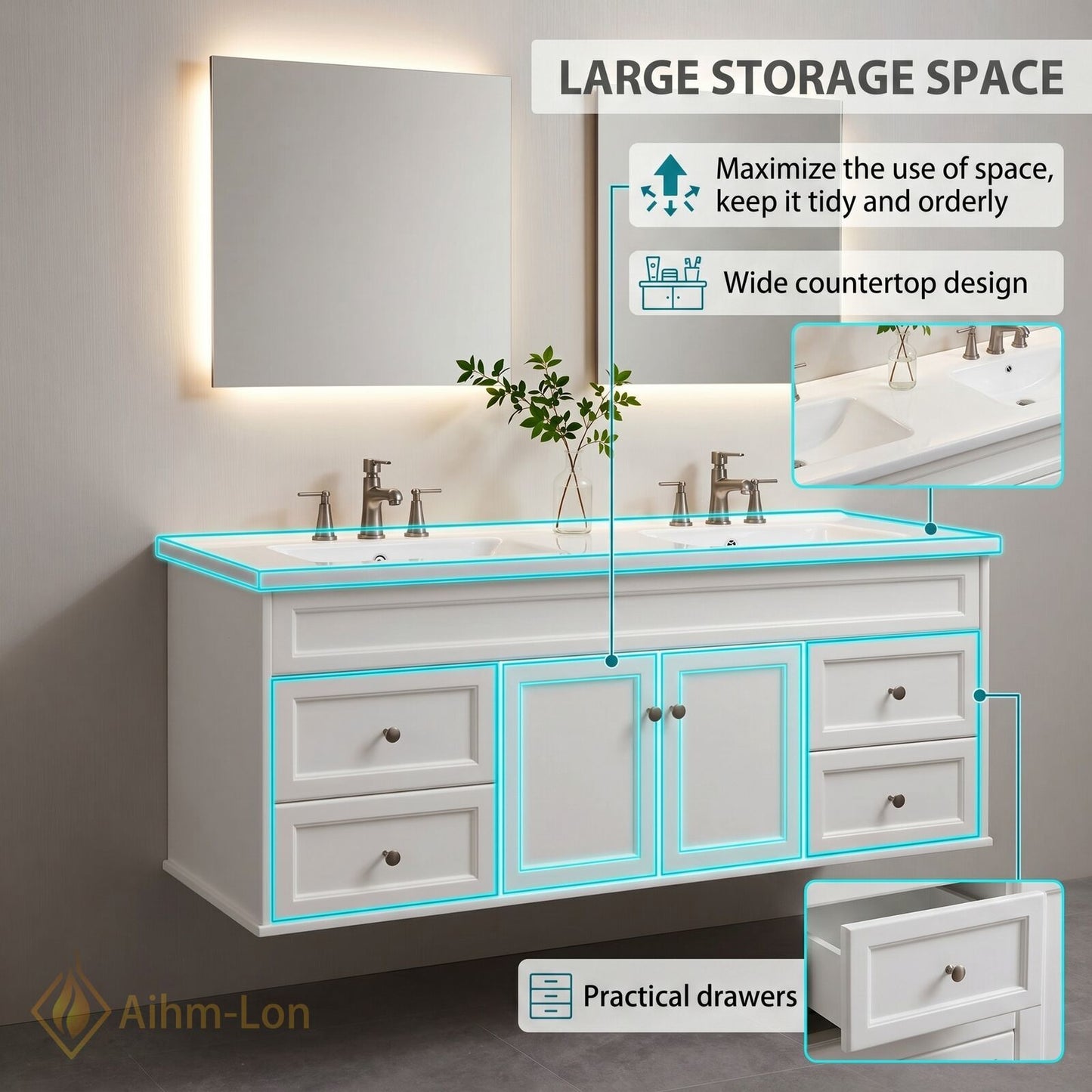 60''-96'' Double Bathroom Vanity with Sink Flush Panel Glass Cabinet Drawers Solid Wood