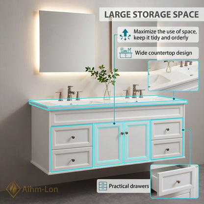 60''-96'' Double Bathroom Vanity with Sink Flush Panel Glass Cabinet Drawers Solid Wood