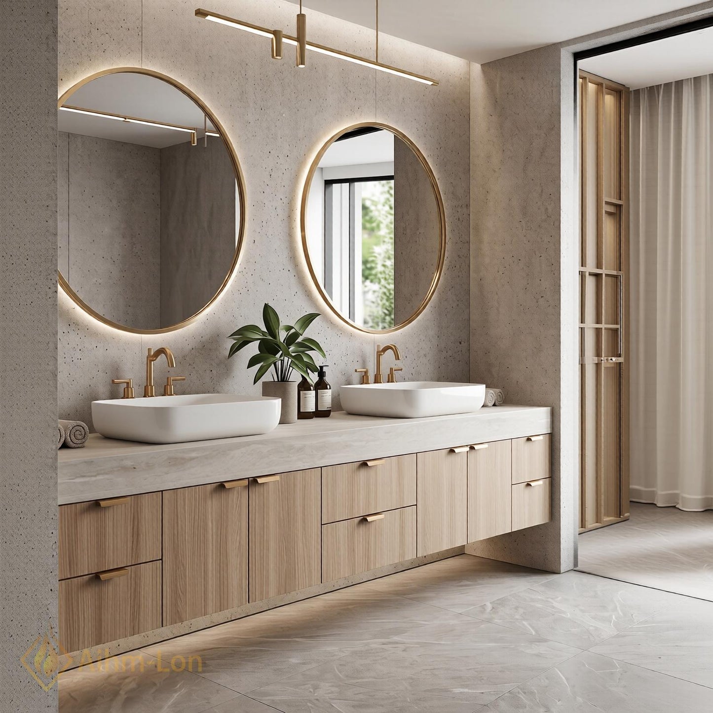 74''-96'' Double Bathroom Vanity with Sink Light-Wood Modern Grain Wall Mounted