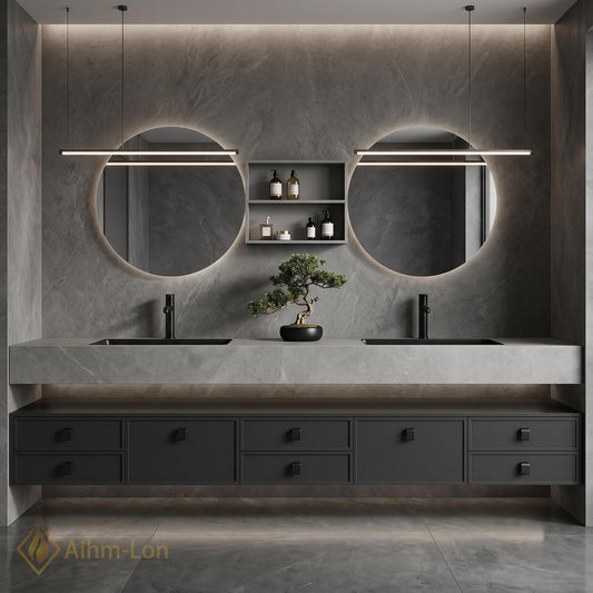 76''-96'' Double Bathroom Vanity with Sink Dark Floating Top Storage Sleek Matte