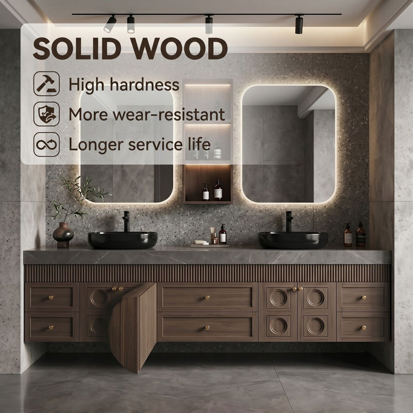70''-96'' Modern Bathroom Vanity with Sink Ridge-Panel Dark Wood Grain Spacious Cabinet