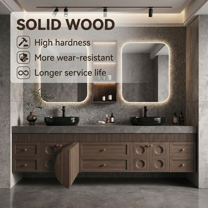 70''-96'' Modern Bathroom Vanity with Sink Ridge-Panel Dark Wood Grain Spacious Cabinet
