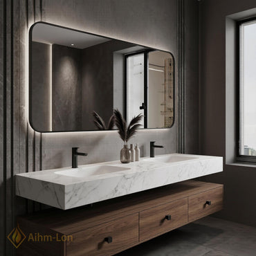 60''-96'' Double Bathroom Vanity with Sink Dark-Walnut Modern Floating Slatted Panel