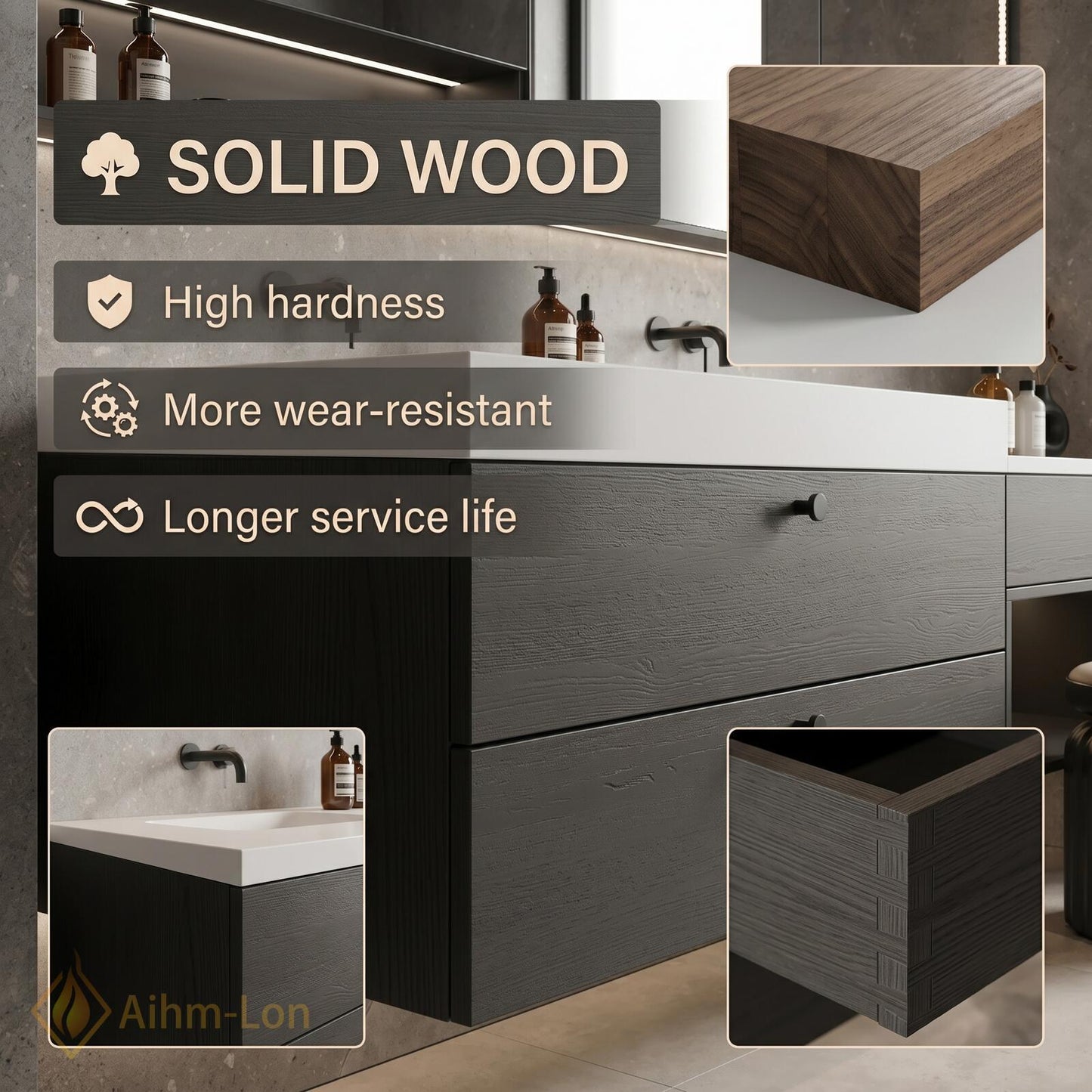 60''-96'' Bathroom Vanity with Sink Sleek Low-Profile Floating Dark Grey Textured Finish