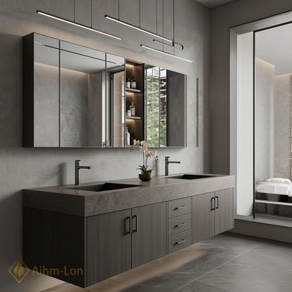 60''-96'' Double Bathroom Vanity with Sink Sleek Floating Stone-Like Surface Mirror Cabinet