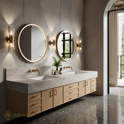 76''-96'' Double Bathroom Vanity with Sink Natural-Wood Modern Floating Stone-Top