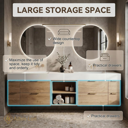 60''-96'' Double Bathroom Vanity with Sink Light-Oak Floating Veneer Open Shelving