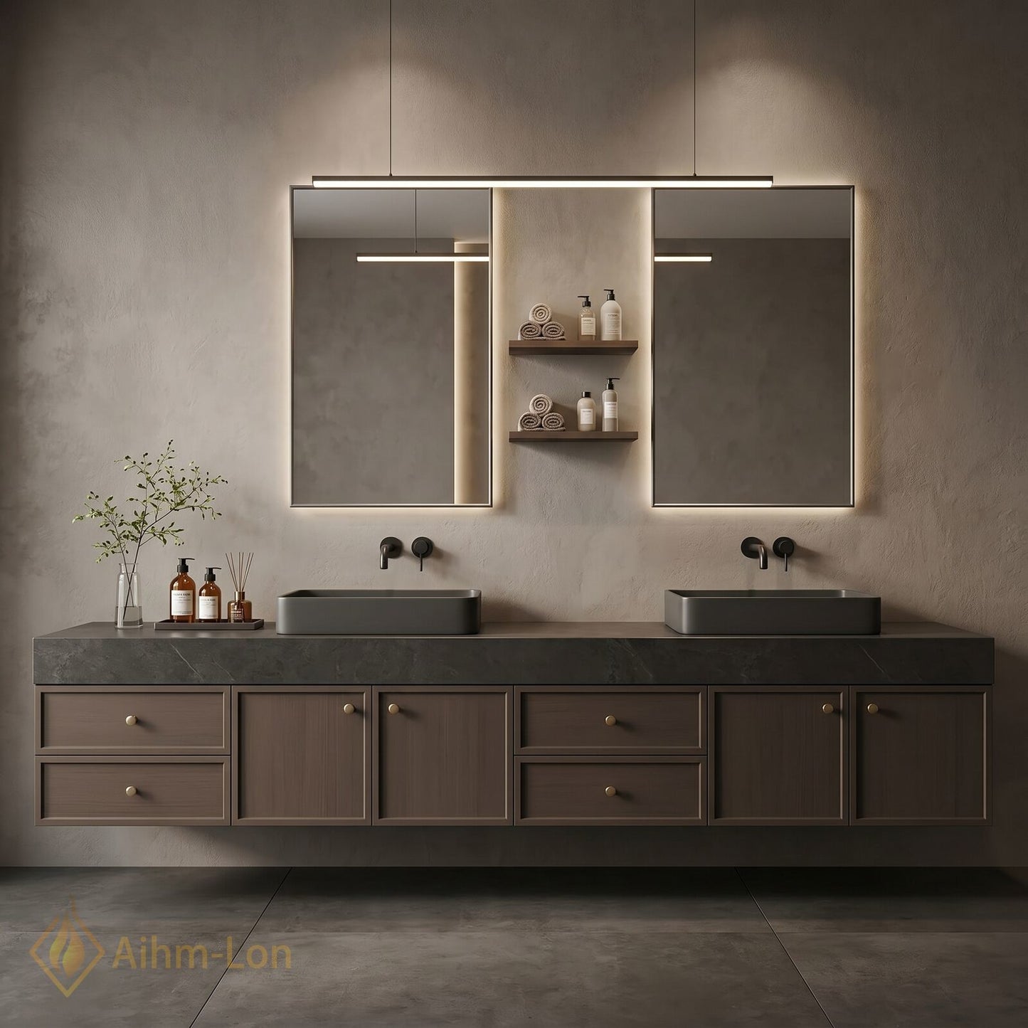 76''-96'' Double Bathroom Vanity with Sink Dark-Walnut Walnut Floating Wall-Mounted Wall-Mount Sinks