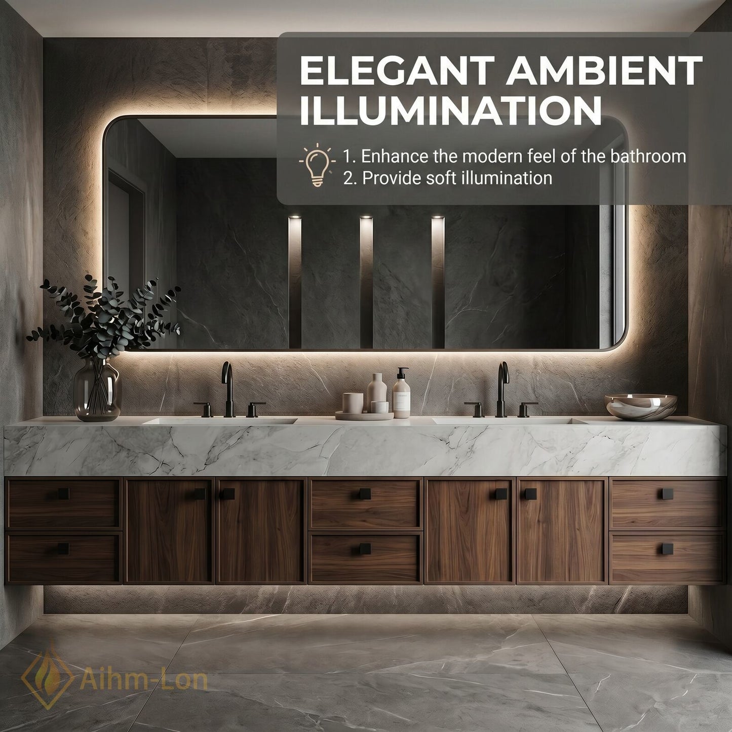 76''-96'' Double Bathroom Vanity with Sink Walnut Floating Elegant Marble Top Wood
