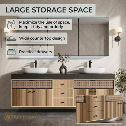 70''-96'' Double Bathroom Vanity with Sink Modern Floating Warm Oak Rattan Weave
