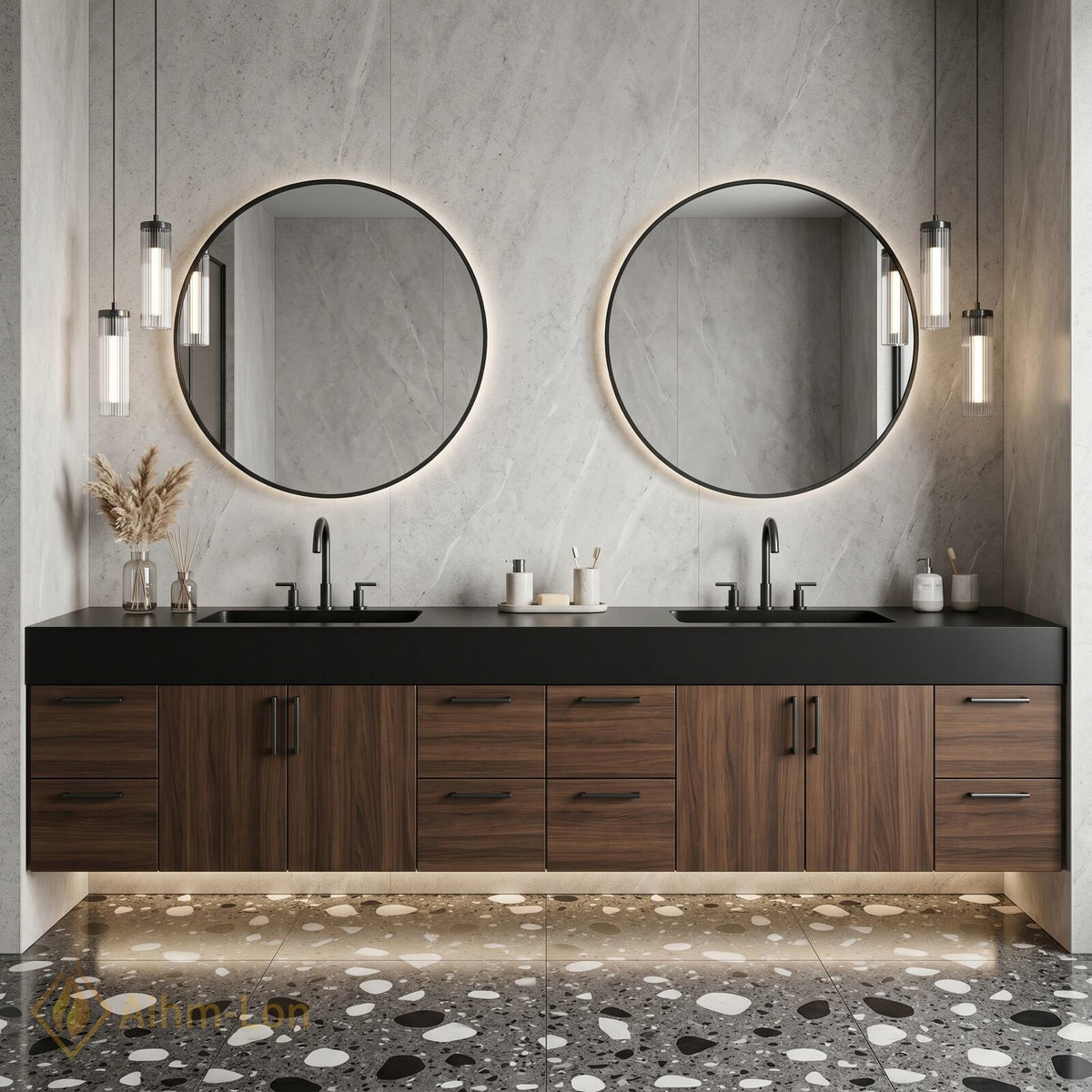 76''-96'' Double Bathroom Vanity with Sink Dark Walnut Grain Tall Drawers Storage